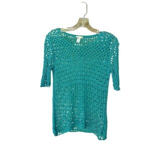 Chico's Teal Blue Open Stitch Crochet Elbow Sleeve Rayon Sweater Size XS